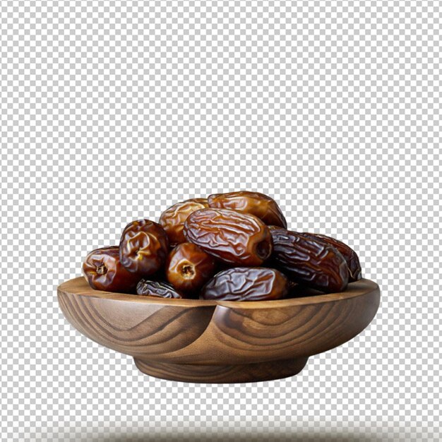 PSD dates fruit in the wooden bowl isolated on transparent background