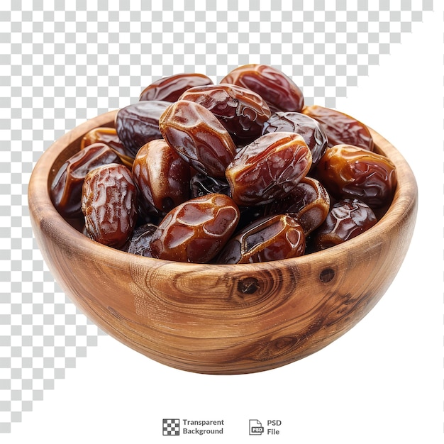 PSD dates fruit in the wooden bowl transparent background