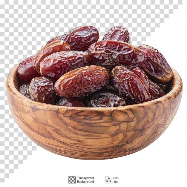 PSD dates fruit in the wooden bowl transparent background