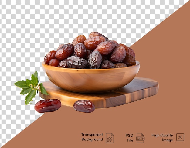 The dates wooden bowl on transparent background