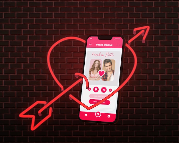 Dating app for smartphone with neon and brick background