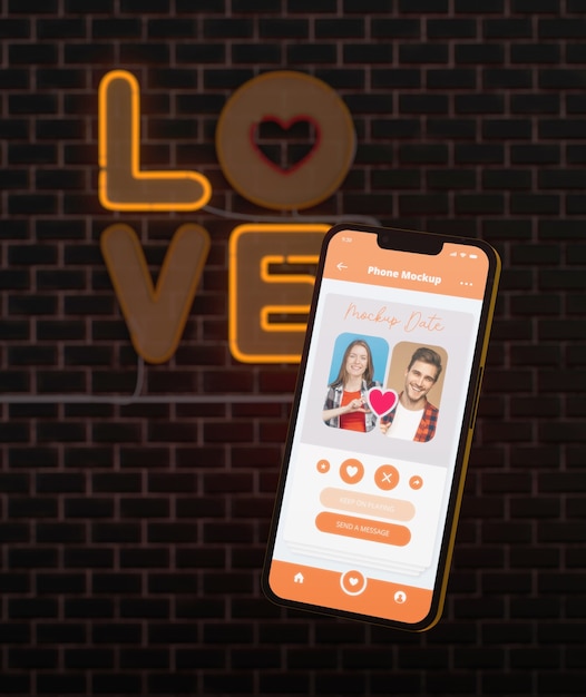 Dating app for smartphone with neon and brick background