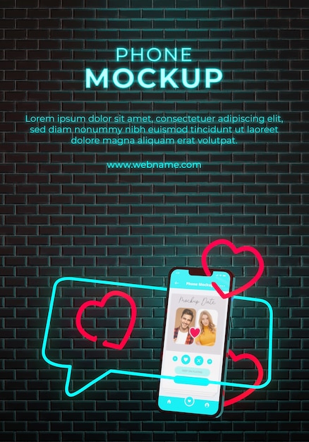 Dating app for smartphone with neon and brick background