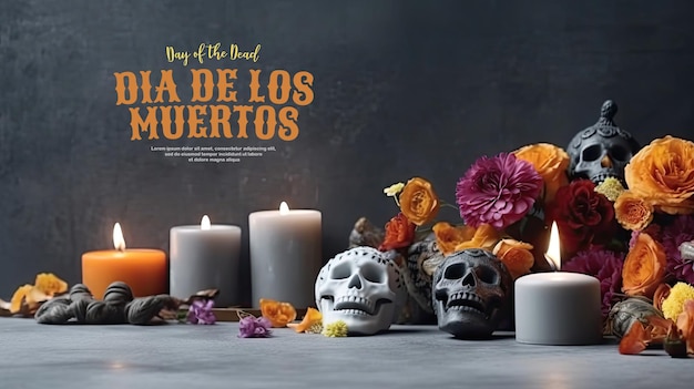 Day of the dead background with ornaments of candles and flowers and spooky light