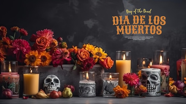 Day of the dead background with ornaments of candles and flowers