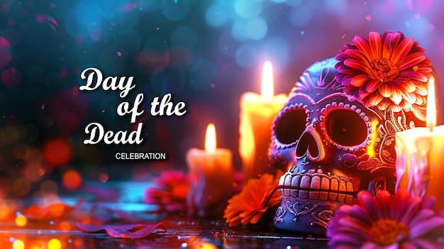 PSD day of the dead template poster with skull and flower design