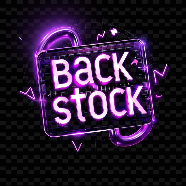 PSD dazzling back in stock text with neon purple color shining a png y2k inspired decorative