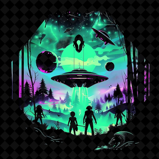 PSD dazzling neon alien invasion forest inside a silhouette pent png neon artistic landscape