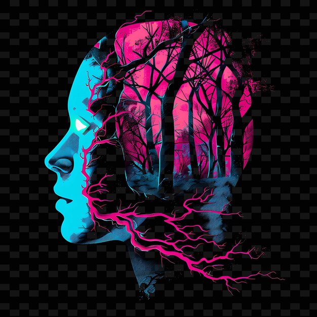 PSD dazzling neon expressionist forest inside a silhouette face png y2k fairy tale inspired designs