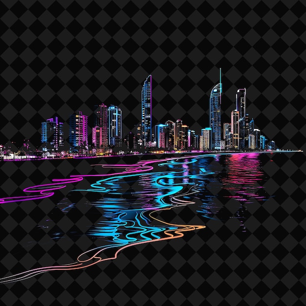 PSD dazzling neon gold coast panorama inside a wavy silhouette p png y2k monoline cityscape collage art