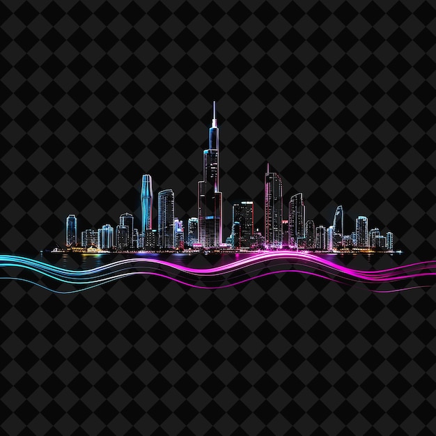 PSD dazzling neon gold coast panorama inside a wavy silhouette p png y2k monoline cityscape collage art