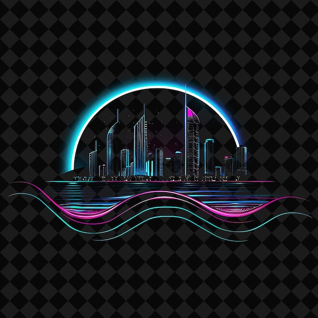 PSD dazzling neon gold coast panorama inside a wavy silhouette p png y2k monoline cityscape collage art