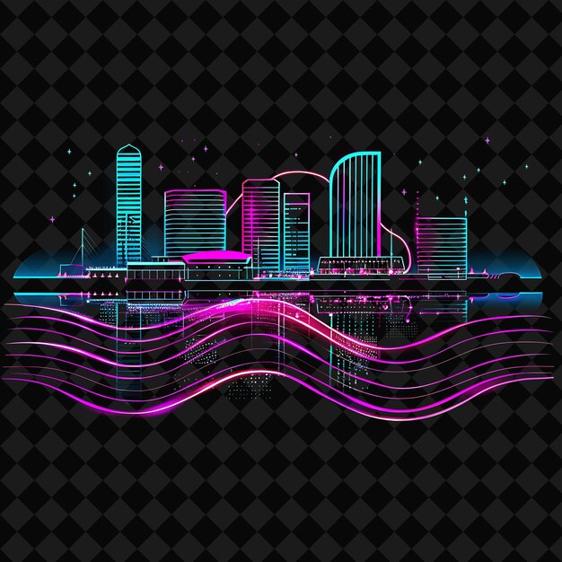 PSD dazzling neon tel aviv coastline inside a wavy silhouette pr png y2k monoline cityscape collage art