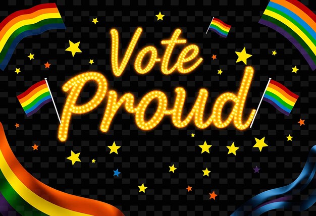 Dazzling Vote Proud Text Gleams With Neon Yellow and Golden Yellow Surrounded by Pride Themed Elemen