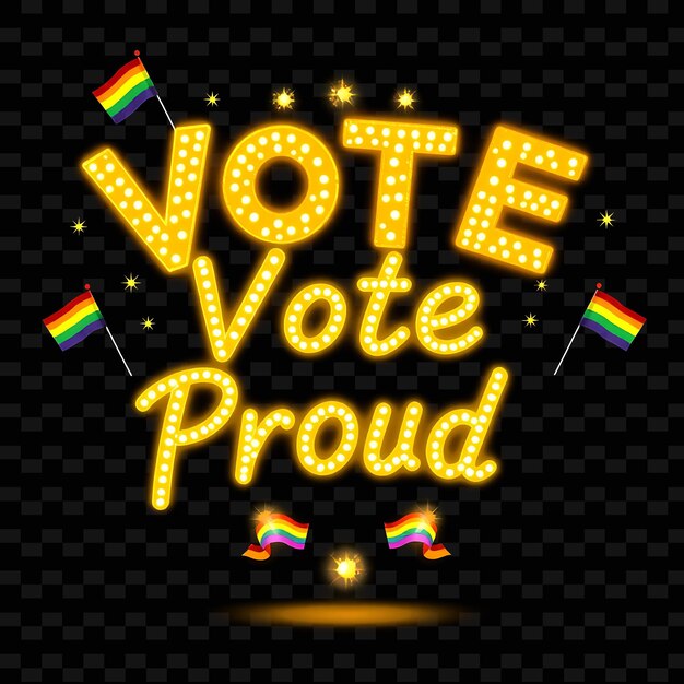 Dazzling Vote Proud Text Gleams With Neon Yellow and Golden Yellow Surrounded by Pride Themed Elemen