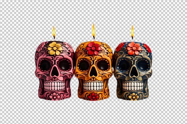 PSD dead sugar skull candles png during da de los muertos isolated on a transparent background