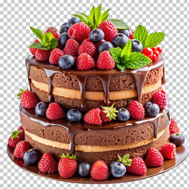 decadent triple layer chocolate cake with fresh on transparent background