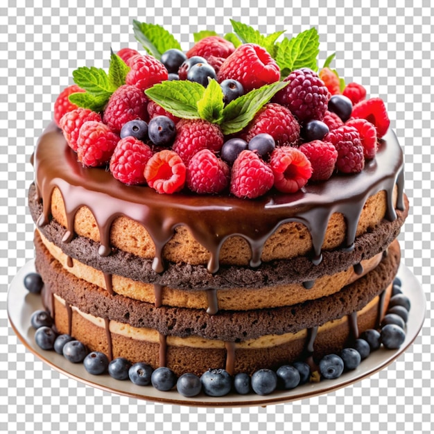 decadent triple layer chocolate cake with fresh on transparent background