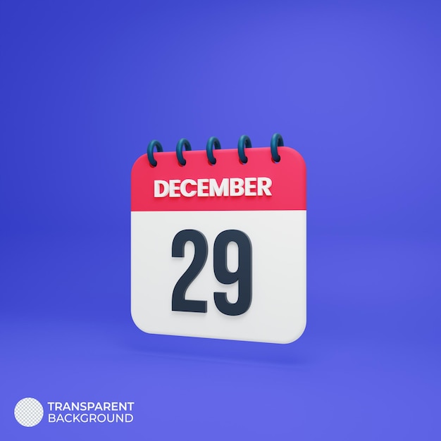 December Realistic Calendar Icon 3D Rendered Date December 29