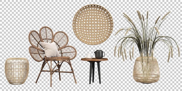 PSD decorate furniture wood set collections cutout on transparent backgrounds 3d render png