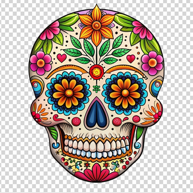 A decorated skull with flowers and jewels on transparent background