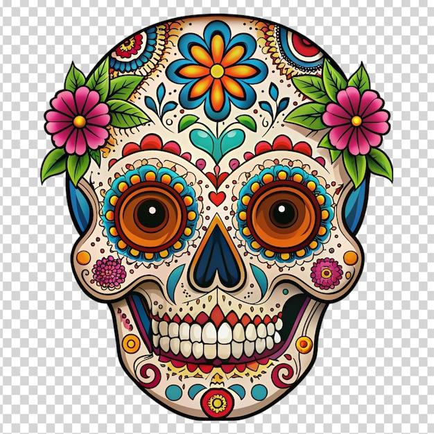 A decorated skull with flowers and jewels on transparent background