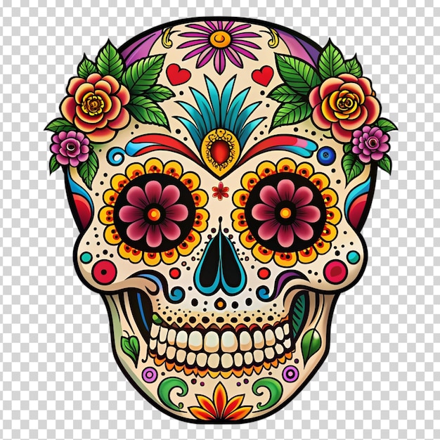 A decorated skull with flowers and jewels on transparent background