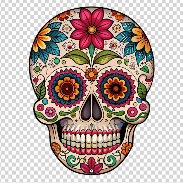 A decorated skull with flowers and jewels on transparent background