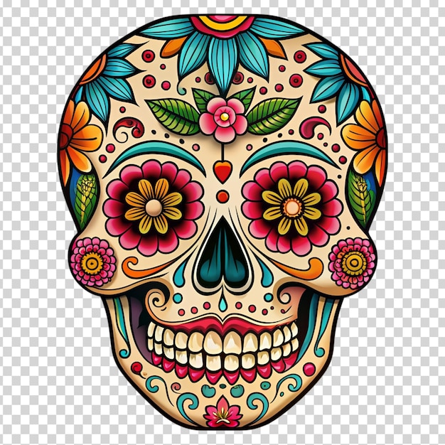 A decorated skull with flowers and jewels on transparent background