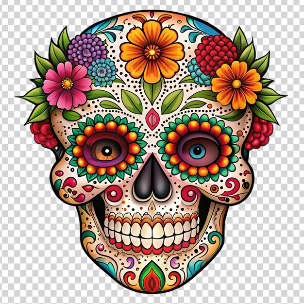 A decorated skull with flowers and jewels on transparent background