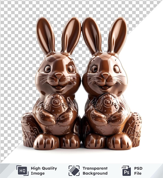 Decorative chocolate Easter bunny figures on transparent background one brown rabbit with black