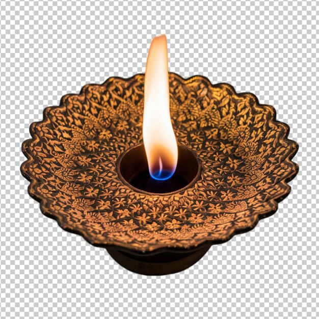 PSD decorative diya with intricate patterns and a lit wick isolated