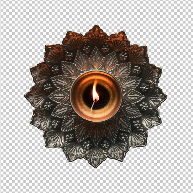 PSD decorative diya with intricate patterns and a lit wick isolated