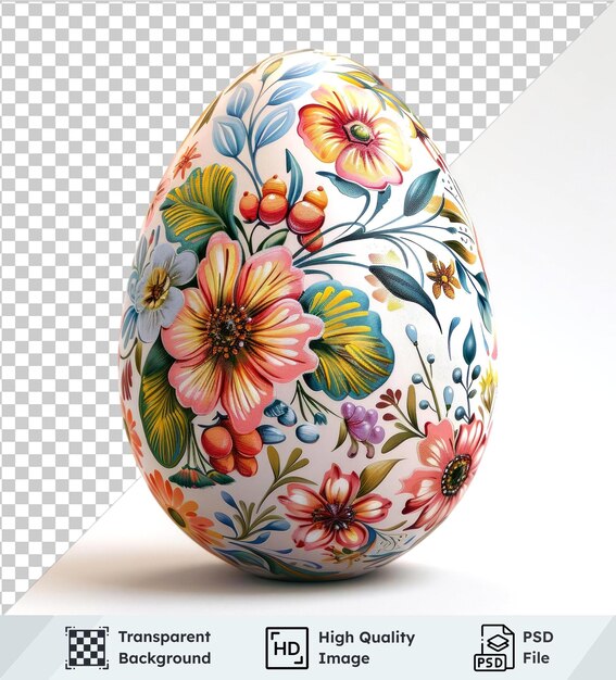 PSD decorative easter egg with flowers on transparent background including yellow pink purple and blue