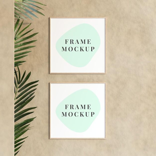 Decorative empty frame mockup hanging on the wall with plant in minimalist room