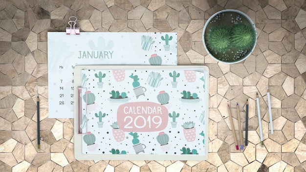 Decorative flat lay calendar mockup