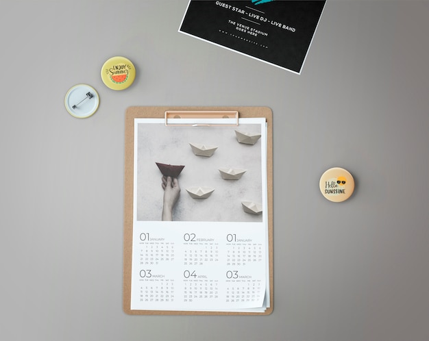 Decorative flat lay calendar mockup