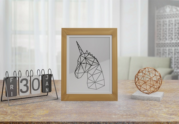 PSD decorative frame mockup on table at home