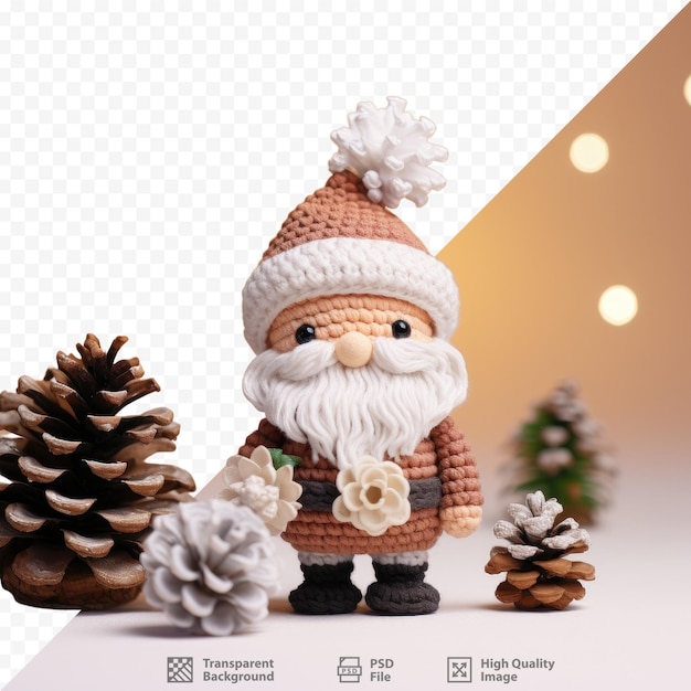 Decorative Santa Claus and pine cone alongside a white floral holiday backdrop