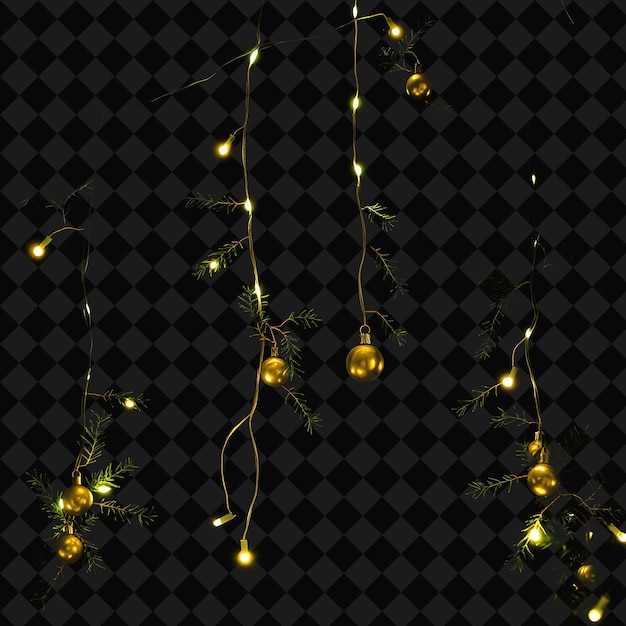 PSD decorative string evergreen sprigs and golden baubles neon lights twinkle softly along the branche