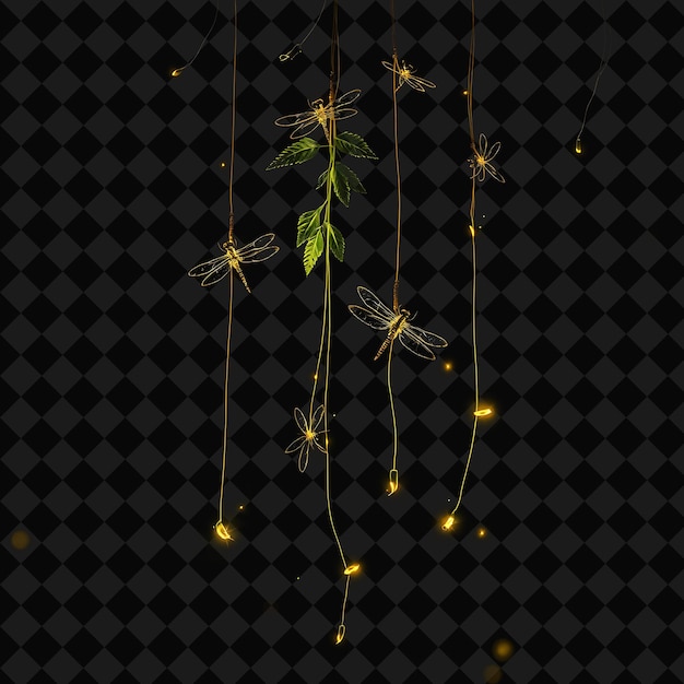 Decorative String Fern Leaves and Resting Dragonflies Neon Fireflies Dot the String Flickering Wit