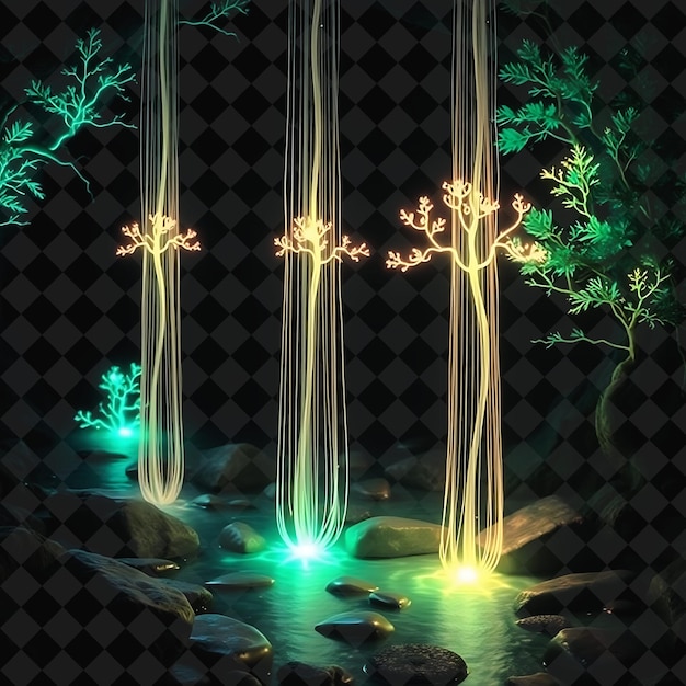 PSD decorative string glowing trees and shimmering river stones neon lights ripple along the stones ca