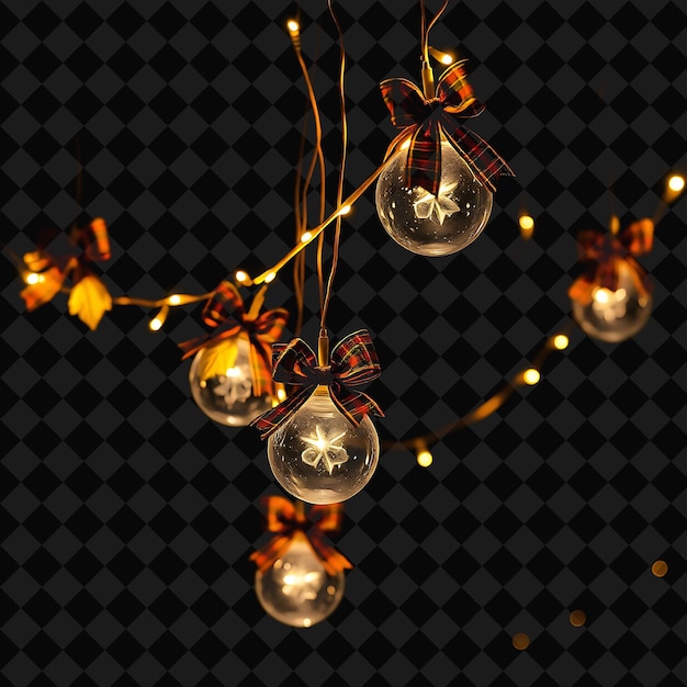 Decorative String Gold Leaf Ornaments and Tartan Bows Neon Lights Shimmer Along the Edges Casting