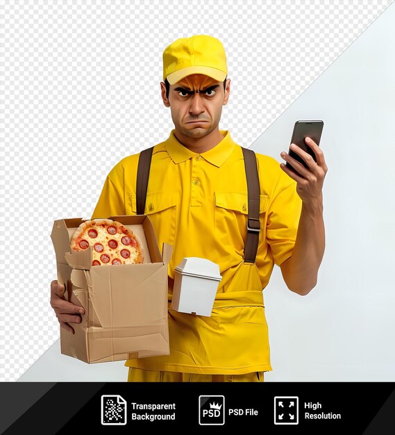 PSD dedicated delivery man in yellow cap with food smartphone and angry expression by white wall