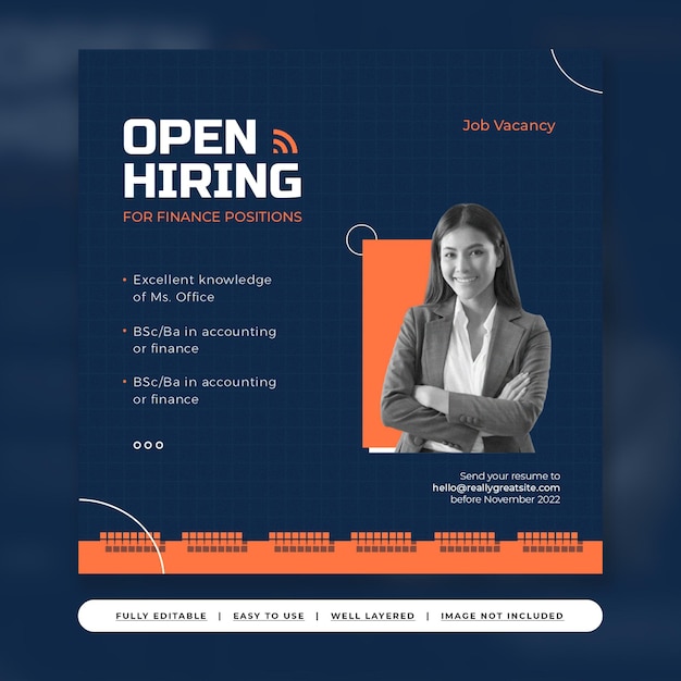 Deep Blue Orange Professional Job Vacancy Instagram Post Template