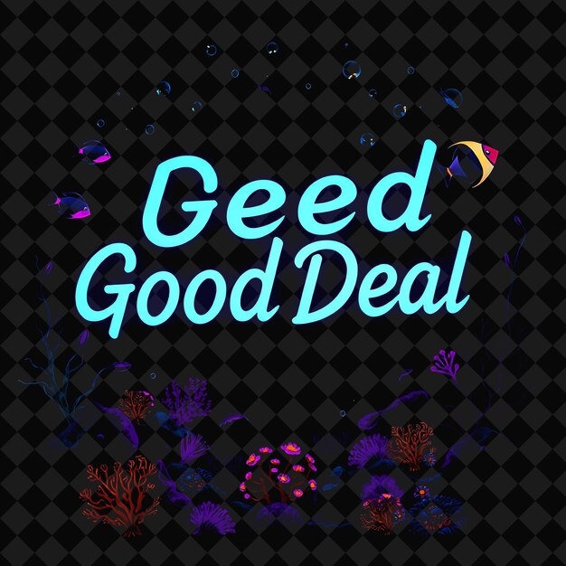 PSD deep sea good deal text glows with neon vibrant blue and purple bioluminescent effect marine life an