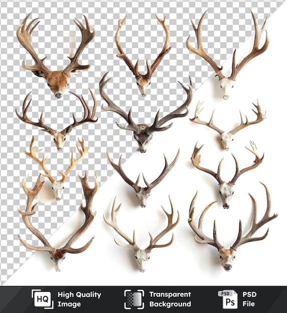 Deer antlers collection with brown white and brown and white deer heads isolated on