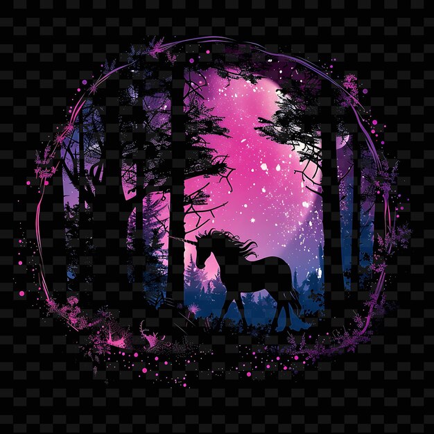 a deer in the forest with a circle of pink and purple lights