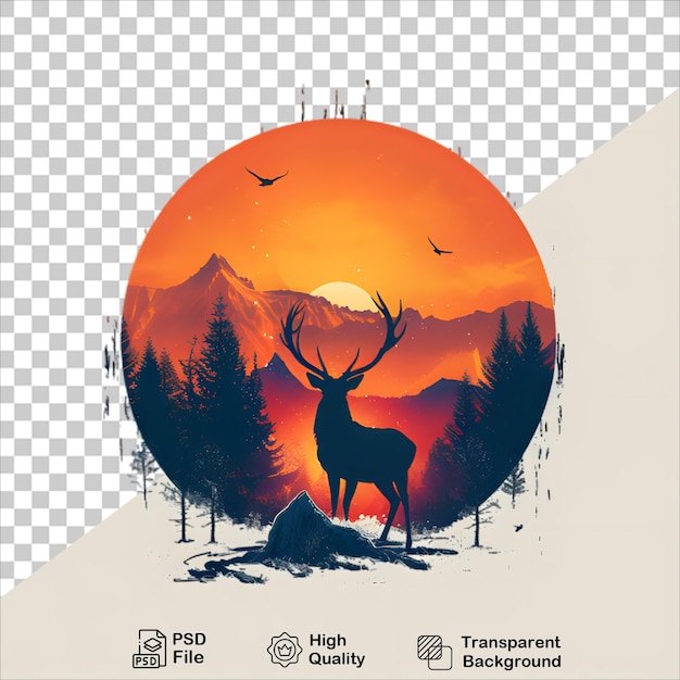 a deer is shown on a white background with a sunset in the background