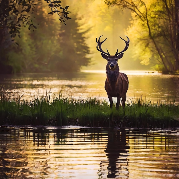 PSD a deer is standing in a river with trees in the background